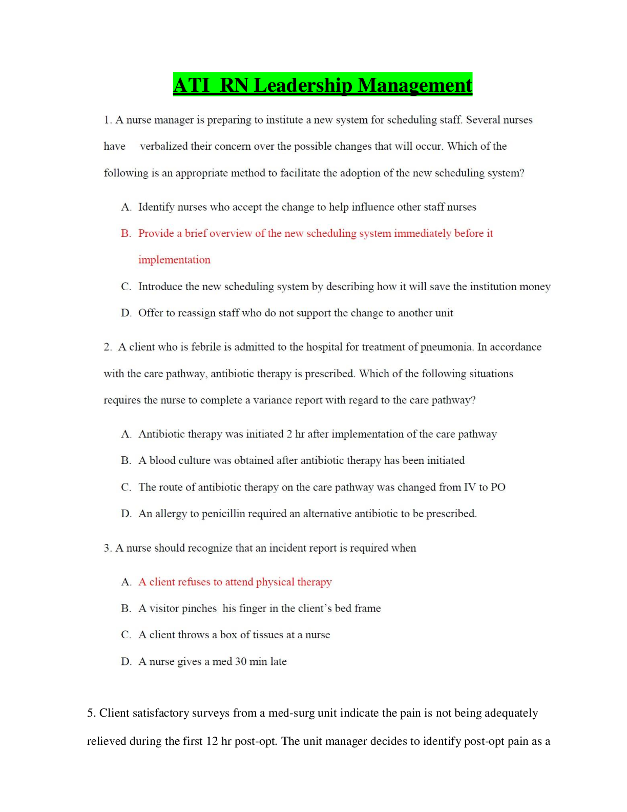 Preview of ATI RN LEADERSHIP MANAGEMENT PROCTORED EXAM BUNDLE (30 VERSIONS).